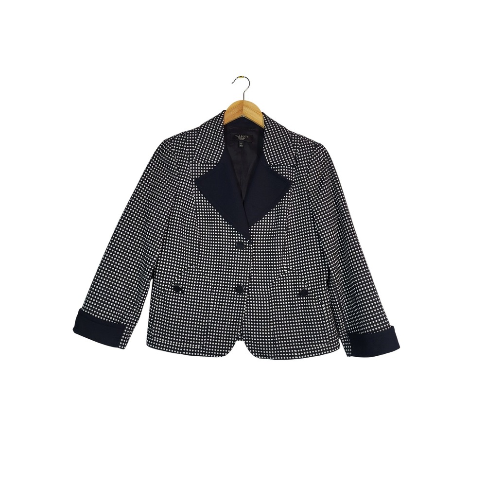 Talbots Blazer Women 14P Navy Polka Dot Single Breasted Petite Jacket NWOT